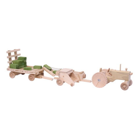 Handcrafted Wooden Farm Toy Set – Tractor, Hay Baler, Wagon with 16 Bales | Made in USA Amish Toy Box  Wooden Toys