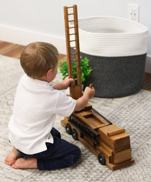 Handcrafted Wooden Fire Truck Toy 20 Inch with Swivel Ladder – Non-Toxic Finish | Made in USA Amish Toy Box  Wooden Toys,Trains, Trucks and Things