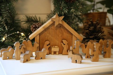 Handcrafted Wooden Nativity Manger Scene Set 14 Pieces – Rustic Christmas Decor Stable | Made in USA Amish Toy Box  Wooden Toys