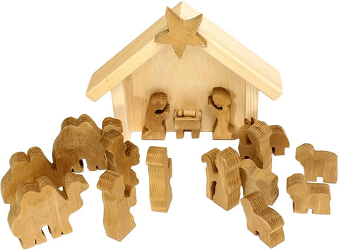 Handcrafted Wooden Nativity Manger Scene Set 14 Pieces – Rustic Christmas Decor Stable | Made in USA Amish Toy Box  Wooden Toys