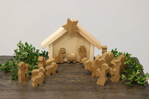 Handcrafted Wooden Nativity Manger Scene Set 14 Pieces – Rustic Christmas Decor Stable | Made in USA Amish Toy Box  Wooden Toys