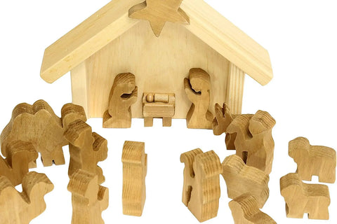 Handcrafted Wooden Nativity Manger Scene Set 14 Pieces – Rustic Christmas Decor Stable | Made in USA Amish Toy Box  Wooden Toys