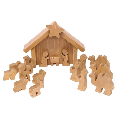 Handcrafted Wooden Nativity Manger Scene Set 14 Pieces – Rustic Christmas Decor Stable | Made in USA Amish Toy Box  Wooden Toys