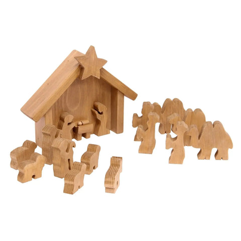 Handcrafted Wooden Nativity Manger Scene Set 14 Pieces – Rustic Christmas Decor Stable | Made in USA Amish Toy Box  Wooden Toys