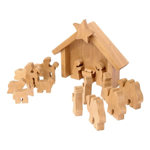 Handcrafted Wooden Nativity Manger Scene Set 14 Pieces – Rustic Christmas Decor Stable | Made in USA Amish Toy Box  Wooden Toys