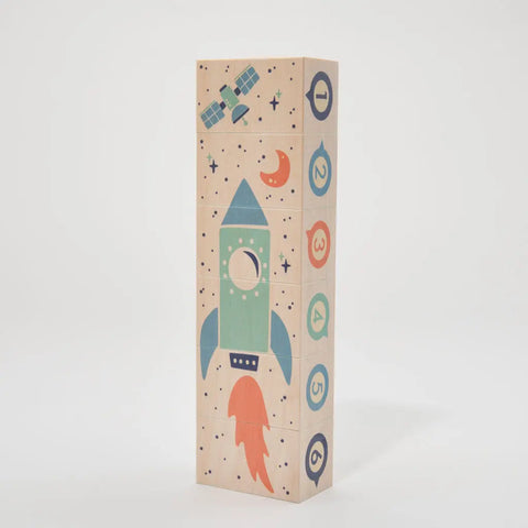 Handcrafted Wooden Space Building Blocks Set 6 Pieces 3x1.75 Inch – Safe Ink Printed | Made in USA Uncle Goose  Environments