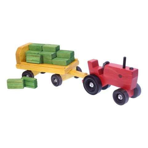 Handcrafted Wooden Toy Tractor and Detachable Wagon Set with 15 Hay Bales – Amish Crafted | Made in USA Amish Toy Box  Tractor and Wagon With Hay Bales