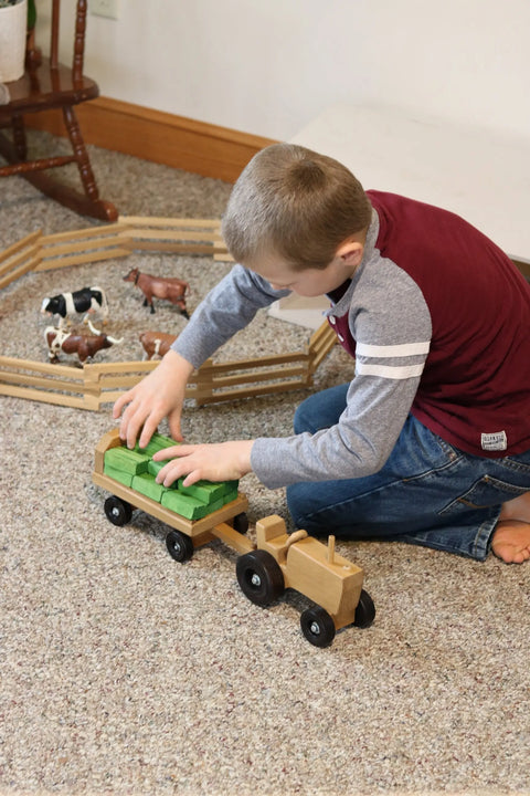 Handcrafted Wooden Toy Tractor and Detachable Wagon Set with 15 Hay Bales – Amish Crafted | Made in USA Amish Toy Box  Tractor and Wagon With Hay Bales