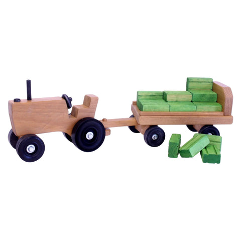 Handcrafted Wooden Toy Tractor and Detachable Wagon Set with 15 Hay Bales – Amish Crafted | Made in USA Amish Toy Box  Tractor and Wagon With Hay Bales