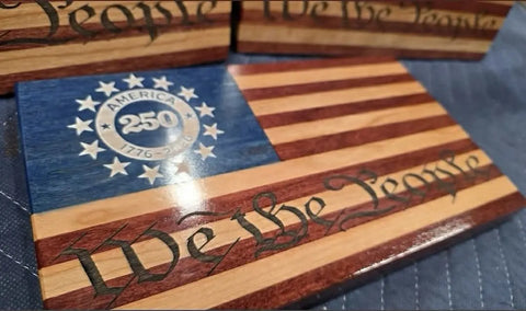 Handcrafted Wooden We The People Flag – 6.25 Inch Cherry Hardwood Desktop Display | Made in USA by Veterans American Grains LLC 