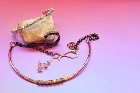 Handmade 7-Year Anniversary Copper Crystal Choker 4-Piece Set Alexa Martha Designs  Jewelry Set 195.00 Choker-Bangle -Ear Studs - Ring Size 5