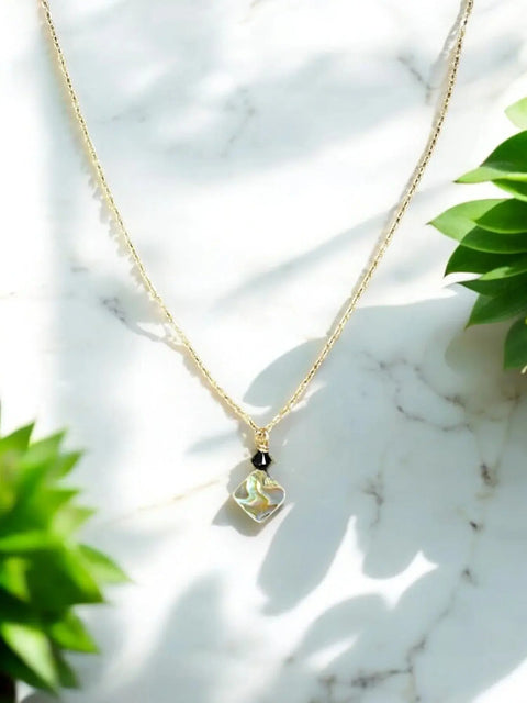 Handmade Abalone Shell Pendant Necklace With Black Crystal Accent – 16 Inch Adjustable Gold Chain | Made in USA Michelle Marie Boutique  Necklaces