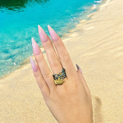 Handmade Adjustable Beaded Ring With Golden Crown Charm – Green Blue Gold Accent | Made in USA Fashion Jewelry Michelle Marie Boutique  Rings