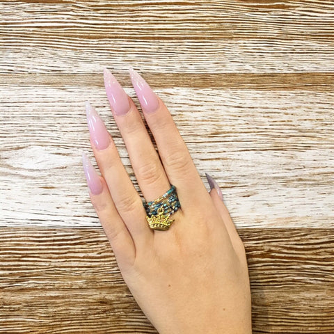 Handmade Adjustable Beaded Ring With Golden Crown Charm – Green Blue Gold Accent | Made in USA Fashion Jewelry Michelle Marie Boutique  Rings