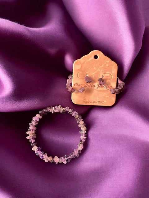 Handmade Amethyst Wrap Bracelet And Stainless Steel Hoop Earrings Set – Unique Gemstone Jewelry | Made In USA Michelle Marie Boutique  Bracelet Set