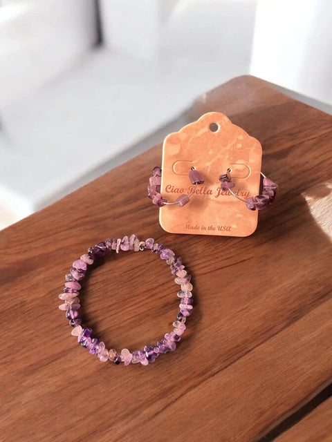 Handmade Amethyst Wrap Bracelet And Stainless Steel Hoop Earrings Set – Unique Gemstone Jewelry | Made In USA Michelle Marie Boutique  Bracelet Set