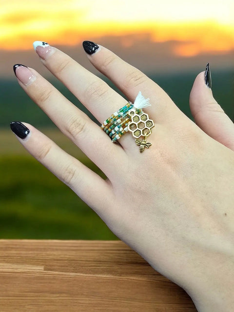 Handmade Beaded Spiral Ring With Gold Honeycomb Bee Charm – Adjustable Size | Crafted In USA Unique Jewelry Michelle Marie Boutique  Rings