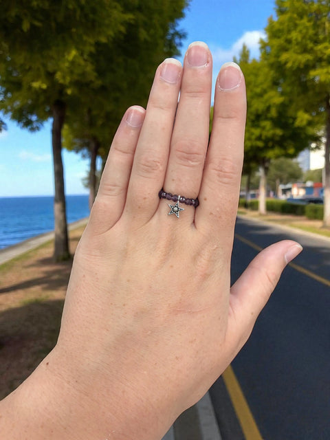 Handmade Beaded Stretch Ring with Star Charm – Adjustable Gemstone Jewelry | Made in USA by Michelle Marie Boutique Michelle Marie Boutique  Ring