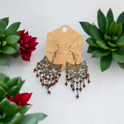Handmade Copper Filigree Crescent Earrings With Dark Red Crystal Beads – Artisan Jewelry | Made in USA Michelle Marie Boutique  Earrings