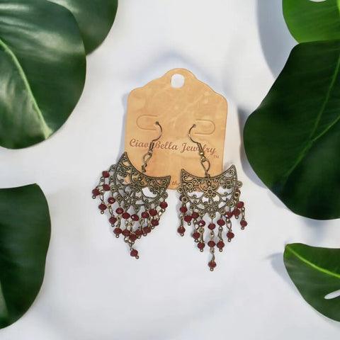 Handmade Copper Filigree Crescent Earrings With Dark Red Crystal Beads – Artisan Jewelry | Made in USA Michelle Marie Boutique  Earrings