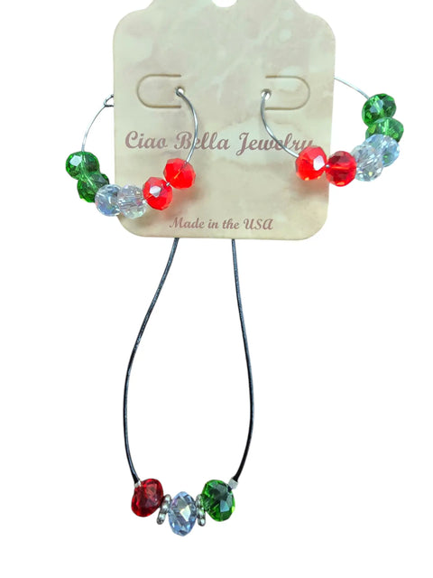 Handmade Festive Crystal Bead Jewelry Set – Adjustable Black Leather Necklace and Hoop Earrings | Made in USA Holiday Accessory Michelle Marie Boutique  Necklace and Earring Set