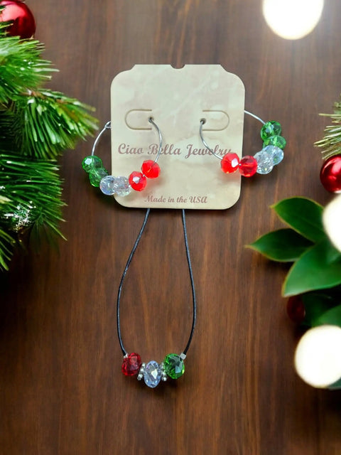 Handmade Festive Crystal Bead Jewelry Set – Adjustable Black Leather Necklace and Hoop Earrings | Made in USA Holiday Accessory Michelle Marie Boutique  Necklace and Earring Set