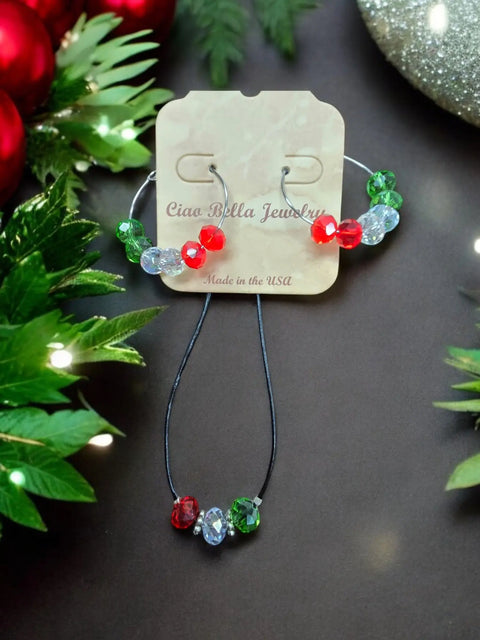 Handmade Festive Crystal Bead Jewelry Set – Adjustable Black Leather Necklace and Hoop Earrings | Made in USA Holiday Accessory Michelle Marie Boutique  Necklace and Earring Set