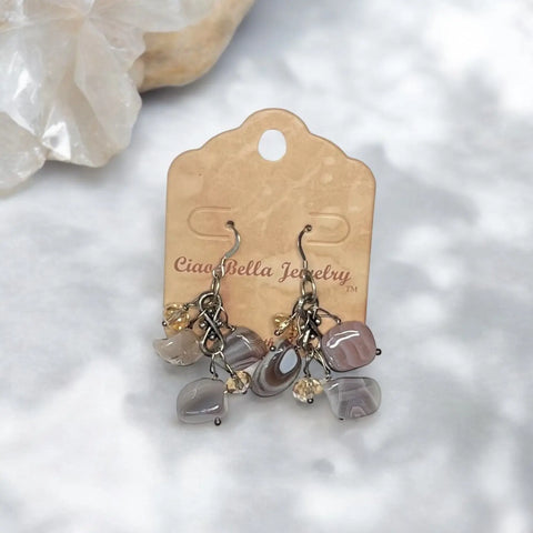 Handmade Genuine Gemstone Cluster Dangle Earrings – Botswana Agate, Lapis Lazuli & Rose Quartz | Crafted in USA by Michelle Marie Boutique Michelle Marie Boutique  Earrings