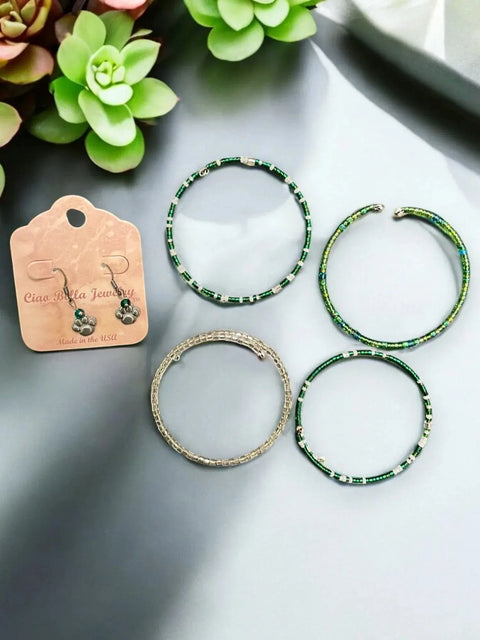 Handmade Green and White Crystal Wrap Bracelets with Lion Paw Charm Earrings – Unique Jewelry Set | Made in USA Michelle Marie Boutique  Bracelet Set