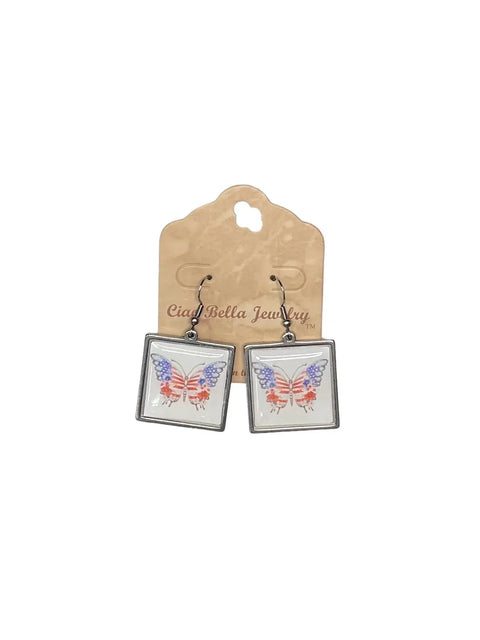 Handmade Patriotic Butterfly Earrings – Stainless Steel Resin Sealed – Square Shape Hook Closure | Made in USA Michelle Marie Boutique  Earrings