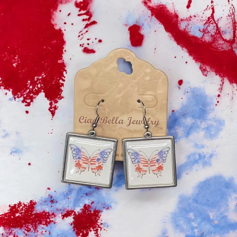 Handmade Patriotic Butterfly Earrings – Stainless Steel Resin Sealed – Square Shape Hook Closure | Made in USA Michelle Marie Boutique  Earrings