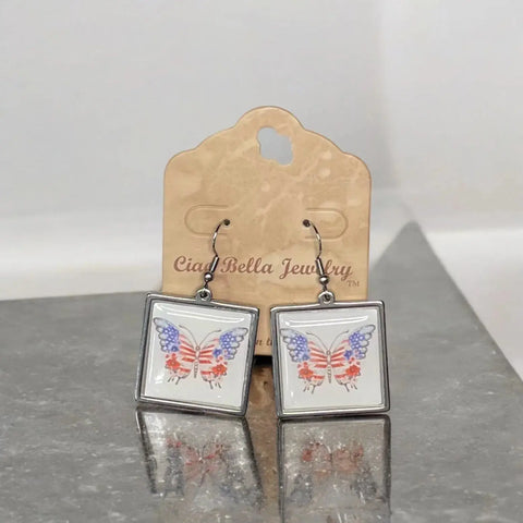 Handmade Patriotic Butterfly Earrings – Stainless Steel Resin Sealed – Square Shape Hook Closure | Made in USA Michelle Marie Boutique  Earrings