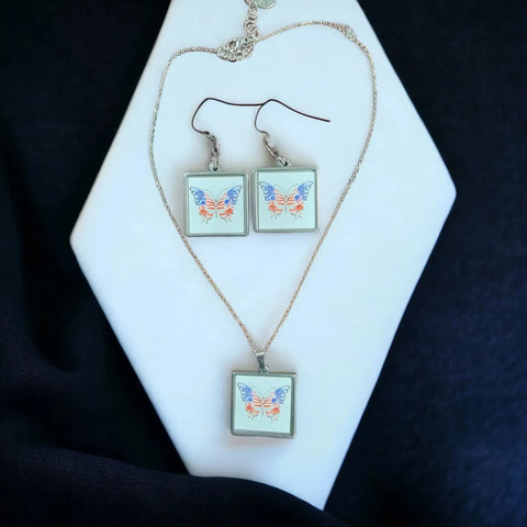 Handmade Patriotic Butterfly Earrings – Stainless Steel Resin Sealed – Square Shape Hook Closure | Made in USA Michelle Marie Boutique  Earrings