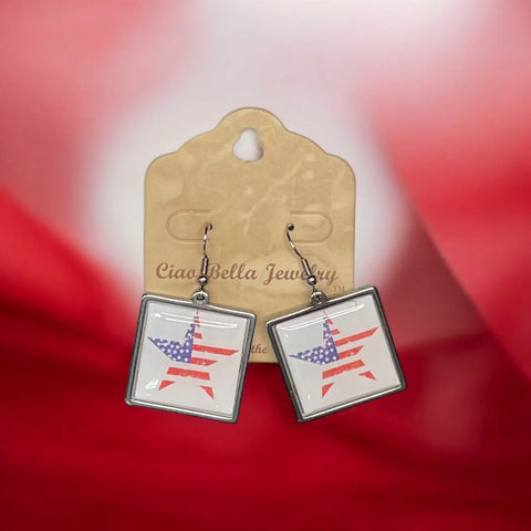 Handmade Patriotic Square Earrings – Red White Blue Star Design – Stainless Steel Hook Closure | Made in USA Michelle Marie Boutique  Earrings