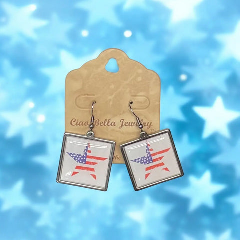 Handmade Patriotic Square Earrings – Red White Blue Star Design – Stainless Steel Hook Closure | Made in USA Michelle Marie Boutique  Earrings