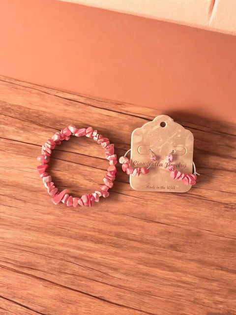 Handmade Pink Stone Wrap Bracelet And Hoop Earrings Set – Unique Gemstone Jewelry | Made In USA Michelle Marie Boutique  Bracelet Set