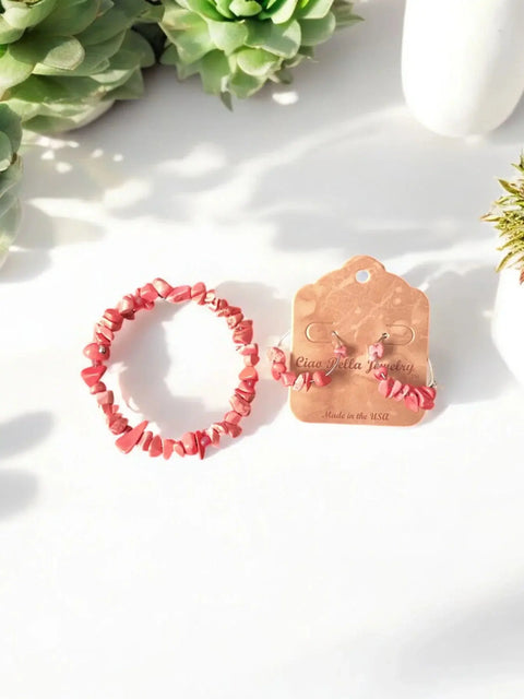 Handmade Pink Stone Wrap Bracelet And Hoop Earrings Set – Unique Gemstone Jewelry | Made In USA Michelle Marie Boutique  Bracelet Set