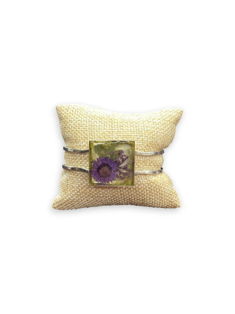 Handmade Resin Flower Cuff Bracelet – Purple Pressed Floral Art – Yellow Tinted Square Design | Made in USA Michelle Marie Boutique  Bracelets