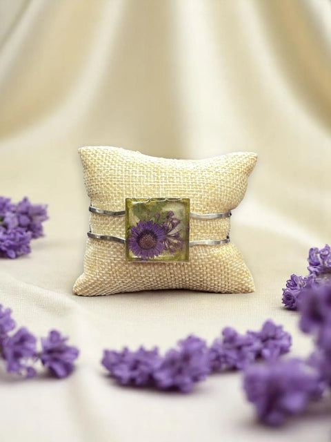 Handmade Resin Flower Cuff Bracelet – Purple Pressed Floral Art – Yellow Tinted Square Design | Made in USA Michelle Marie Boutique  Bracelets