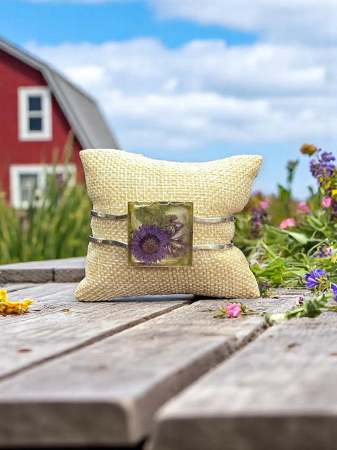 Handmade Resin Flower Cuff Bracelet – Purple Pressed Floral Art – Yellow Tinted Square Design | Made in USA Michelle Marie Boutique  Bracelets