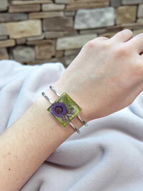 Handmade Resin Flower Cuff Bracelet – Purple Pressed Floral Art – Yellow Tinted Square Design | Made in USA Michelle Marie Boutique  Bracelets