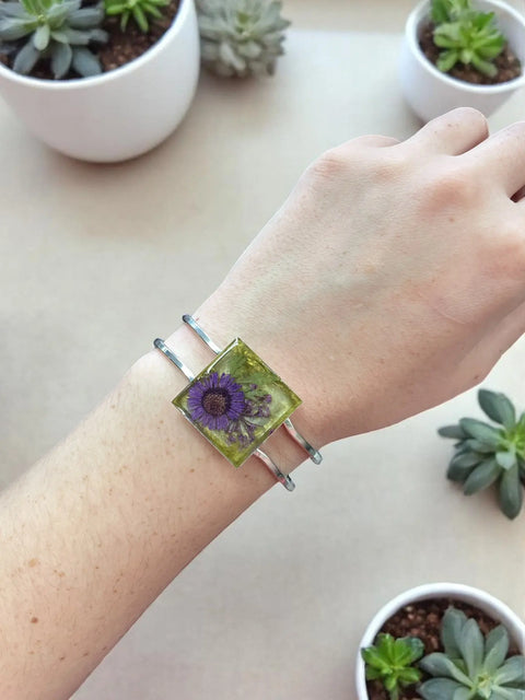 Handmade Resin Flower Cuff Bracelet – Purple Pressed Floral Art – Yellow Tinted Square Design | Made in USA Michelle Marie Boutique  Bracelets