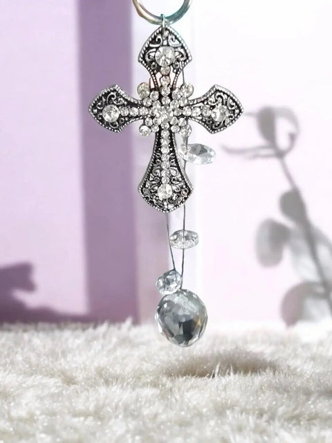 Silver Cross Car Pendant With Crystals | Unique Car Accessory | Handmade Michelle Marie Boutique 