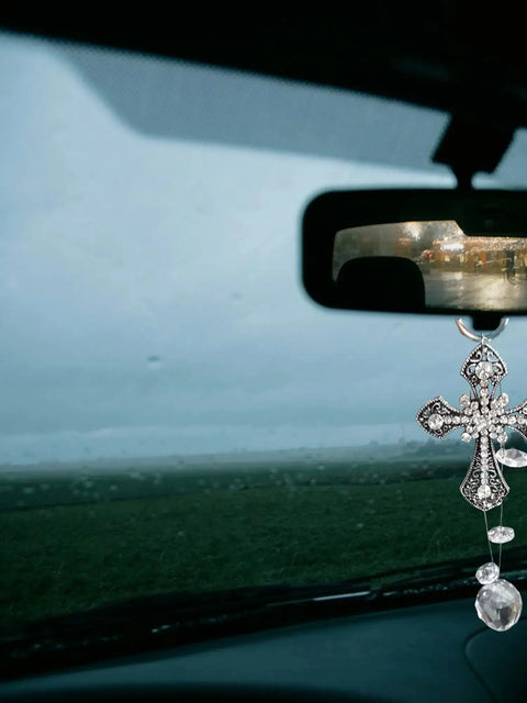 Silver Cross Car Pendant With Crystals | Unique Car Accessory | Handmade Michelle Marie Boutique 