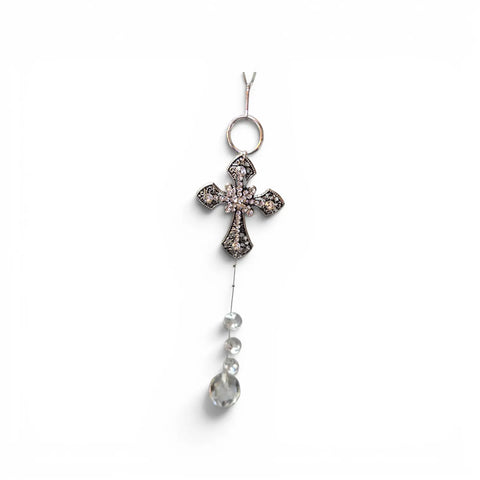 Handmade Silver Cross Car Pendant with Crystal Accents – Elegant Rearview Mirror Charm | Made in USA Michelle Marie Boutique 