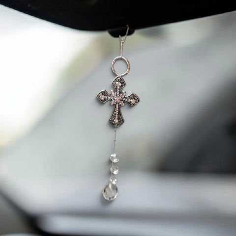 Handmade Silver Cross Car Pendant with Crystal Accents – Elegant Rearview Mirror Charm | Made in USA Michelle Marie Boutique 