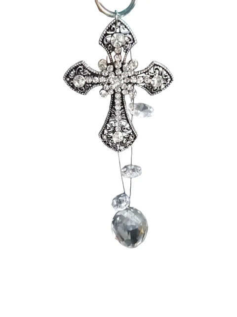Handmade Silver Cross Car Pendant with Crystal Accents – Elegant Rearview Mirror Charm | Made in USA Michelle Marie Boutique 