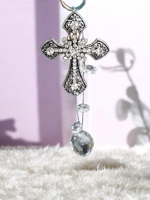 Handmade Silver Cross Car Pendant with Crystal Accents – Elegant Rearview Mirror Charm | Made in USA Michelle Marie Boutique 