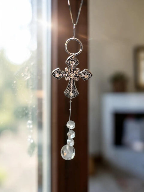 Handmade Silver Cross Car Pendant with Crystal Accents – Elegant Rearview Mirror Charm | Made in USA Michelle Marie Boutique 
