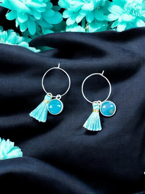 Handmade Stainless Steel Hoop Earrings With Teal Tassel and Amazonite Stone Charm – Unique Jewelry | Made in USA Michelle Marie Boutique  Earrings